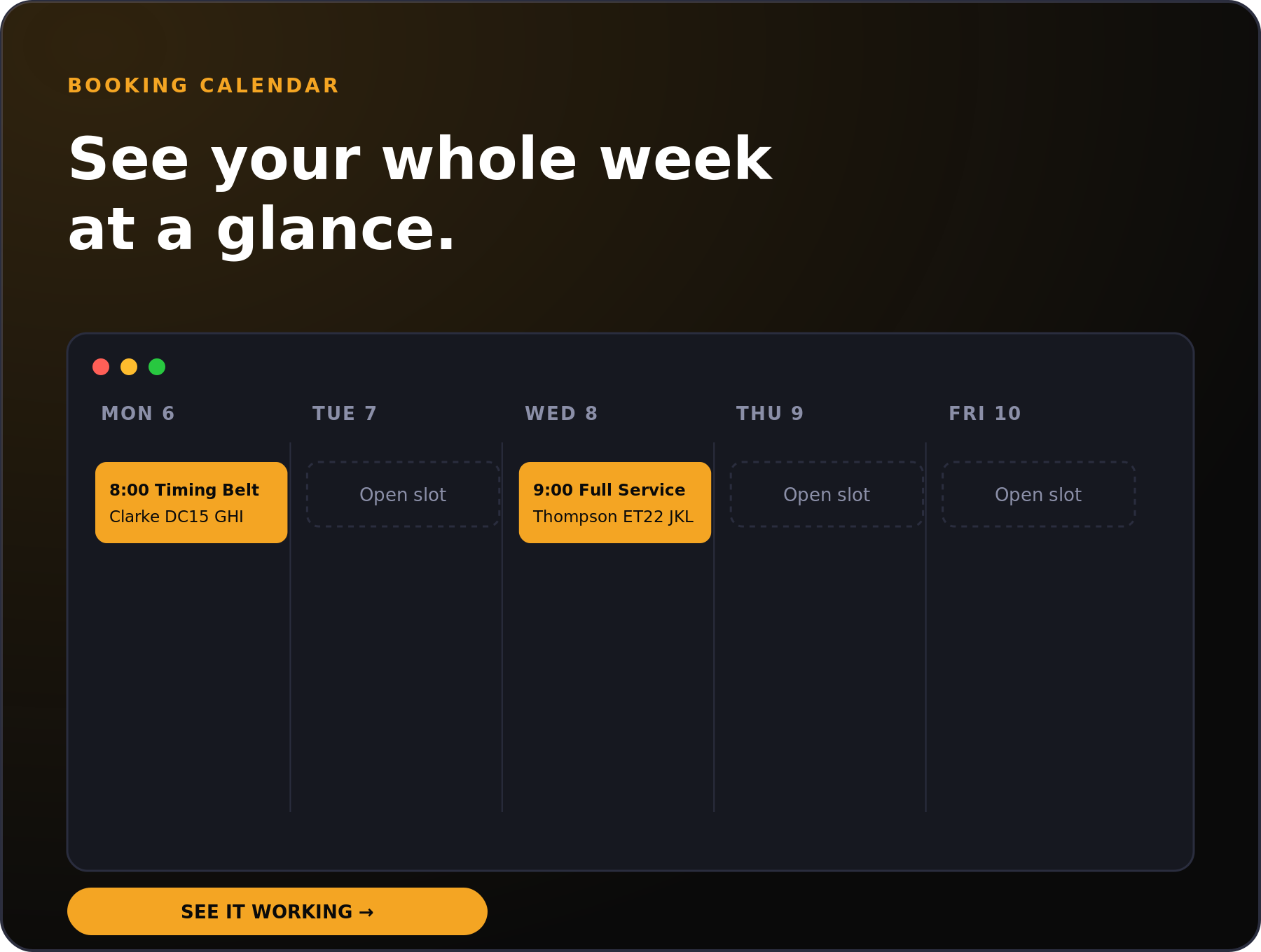GarageDash booking calendar showing a week of appointments across the workshop with an open slot