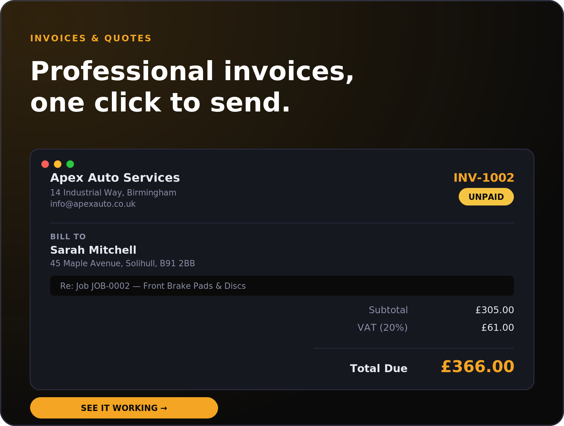 GarageDash invoice showing labour, parts and VAT line items with a paid status badge