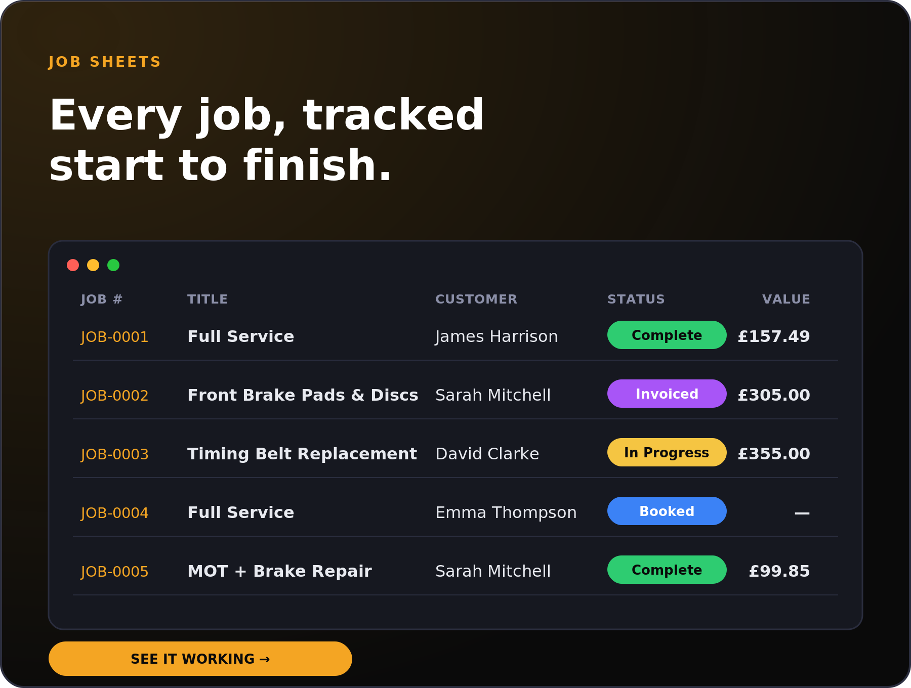 GarageDash jobs board showing job status from booked to done, with vehicle and customer details